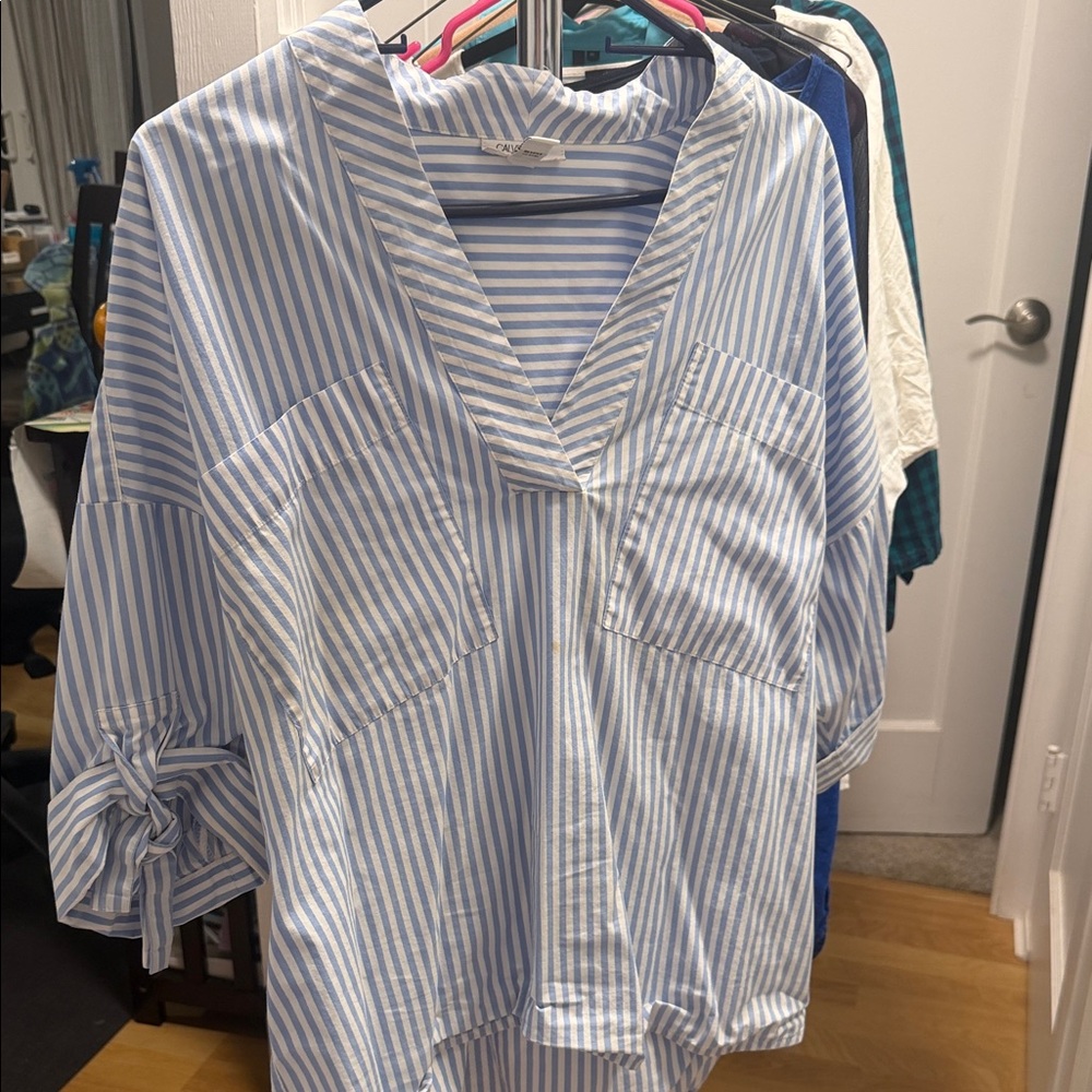 Calvin Klein Light Blue and White Striped Top